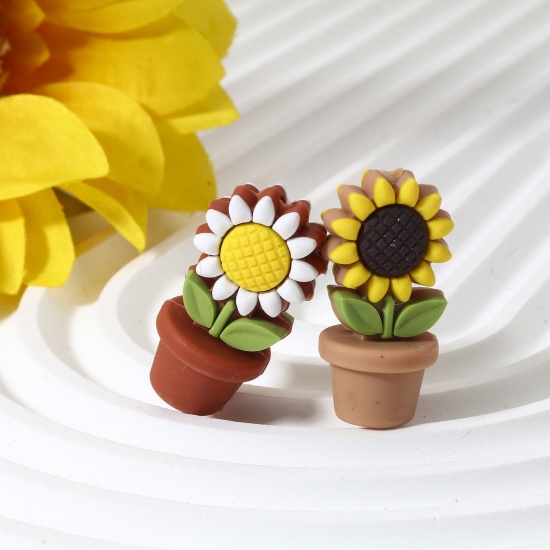 Immagine di 2 Pz Silicone Collezione Flora Perline per la Creazione di Gioielli con Ciondoli Fai-da-te Multicolore Girasole 3D Circa 3cm x 1.5cm, Foro: Circa 2.4mm