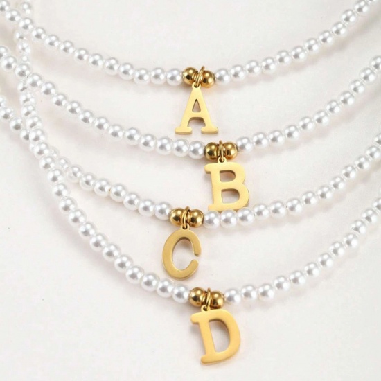 Picture of 304 Stainless Steel & Acrylic Elegant Pendant Necklace Gold Plated Initial Alphabet/ Capital Letter Message " A-Z " Beaded