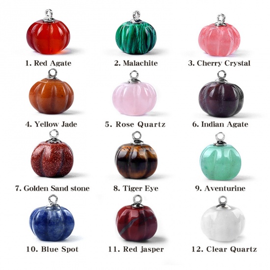 Picture of Gemstone ( Natural Dyed ) Charms Silver Tone Halloween Pumpkin 13mm x 10mm
