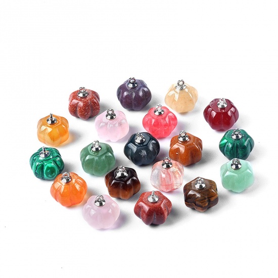 Picture of Gemstone ( Natural Dyed ) Charms Silver Tone Halloween Pumpkin 13mm x 10mm