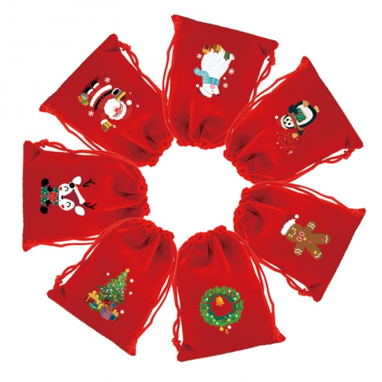 Immagine di 10 Pz Velluto di Cotone Natale Borsa Coulisse Rosso Rettangolo