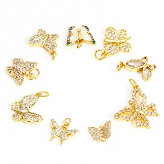 Picture of Brass Insect Charms 18K Real Gold Plated Butterfly Animal Micro Pave Clear Cubic Zirconia                                                                                                                                                                     