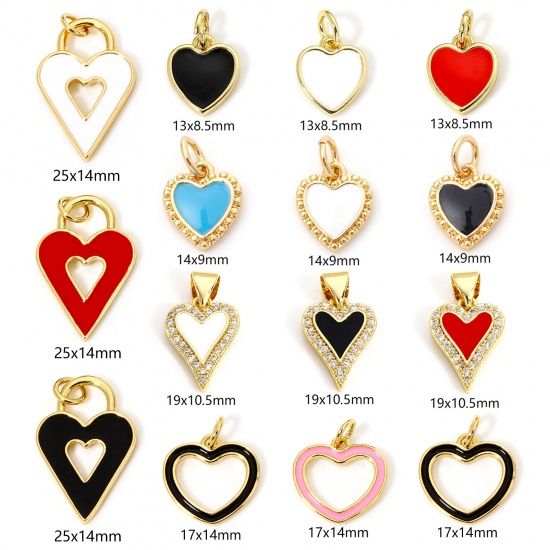 Picture of Brass Valentine's Day Charm Pendant 18K Real Gold Plated Multicolor Heart Enamel Clear Cubic Zirconia 19mm x 10.5mm