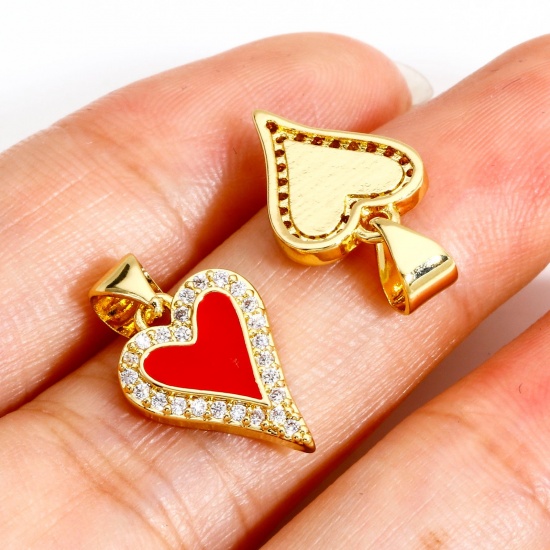 Picture of Brass Valentine's Day Charm Pendant 18K Real Gold Plated Multicolor Heart Enamel Clear Cubic Zirconia 19mm x 10.5mm