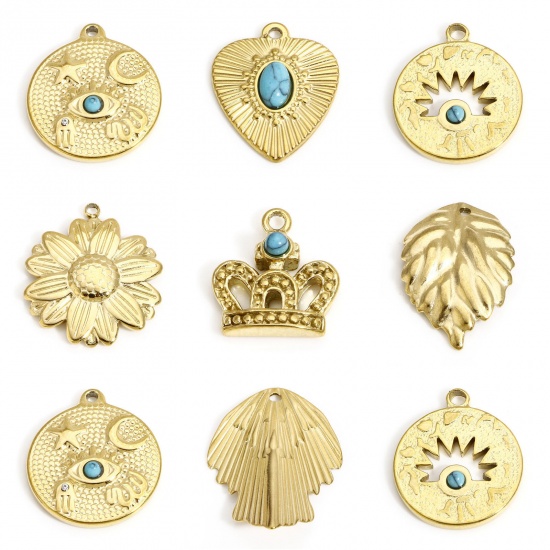 Picture of 304 Stainless Steel & Stone Boho Chic Bohemia Charms Gold Plated Round Evil Eye Clear Rhinestone