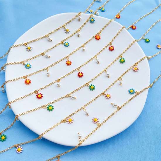 Picture of 304 Stainless Steel Link Cable Chain Necklace Gold Plated Daisy Flower Enamel 40cm(15 6/8") long