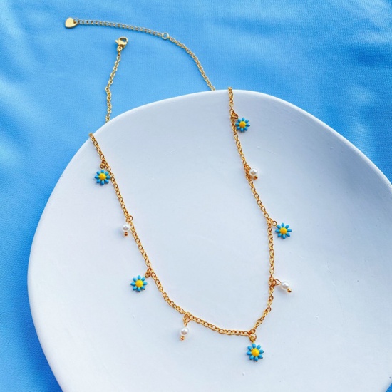 Picture of 304 Stainless Steel Link Cable Chain Necklace Gold Plated Daisy Flower Enamel 40cm(15 6/8") long