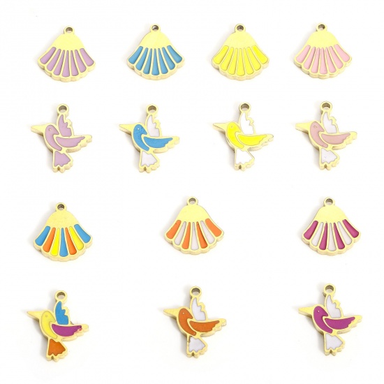 Picture of 316L Stainless Steel Stylish Charms Gold Plated Multicolor Bird Animal Shell Enamel