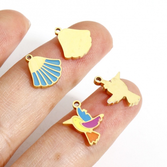 Picture of 316L Stainless Steel Stylish Charms Gold Plated Multicolor Bird Animal Shell Enamel