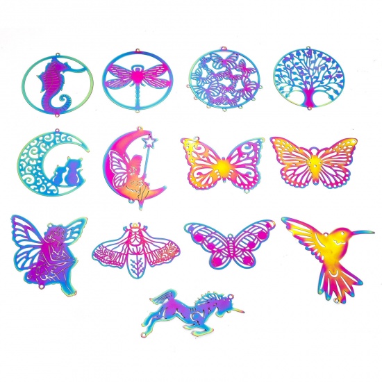 Immagine di 2 Pz 304 Acciaio Inossidabile Filigree Stamping Ciondoli Luna Multicolore Angelo Filigrana