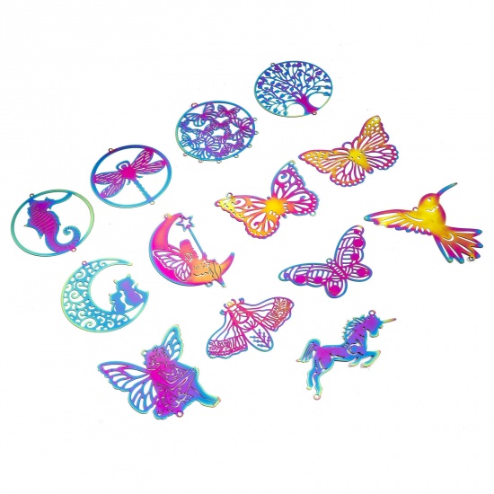Immagine di 2 Pz 304 Acciaio Inossidabile Filigree Stamping Ciondoli Luna Multicolore Angelo Filigrana