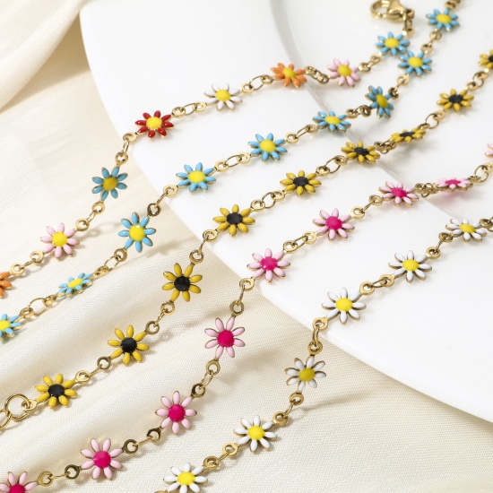Picture of 304 Stainless Steel Handmade Link Chain Bracelets 18K Gold Color Daisy Flower With Lobster Claw Clasp And Extender Chain 16cm(6 2/8") long
