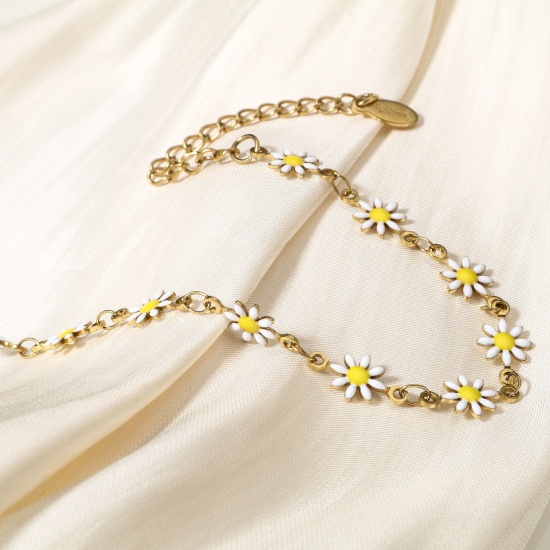 Picture of 304 Stainless Steel Handmade Link Chain Bracelets 18K Gold Plated Daisy Flower With Lobster Claw Clasp And Extender Chain 16cm(6 2/8") long