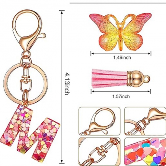 Picture of Resin Stylish Keychain & Keyring Gold Plated Pink Butterfly Animal Initial Alphabet/ Capital Letter Message " A-Z "