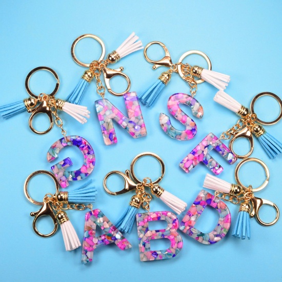 Picture of Resin Stylish Keychain & Keyring Gold Plated Pale Lilac Tassel Initial Alphabet/ Capital Letter Message " A-Z "