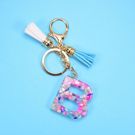 Picture of Resin Stylish Keychain & Keyring Gold Plated Pale Lilac Tassel Initial Alphabet/ Capital Letter Message " A-Z "