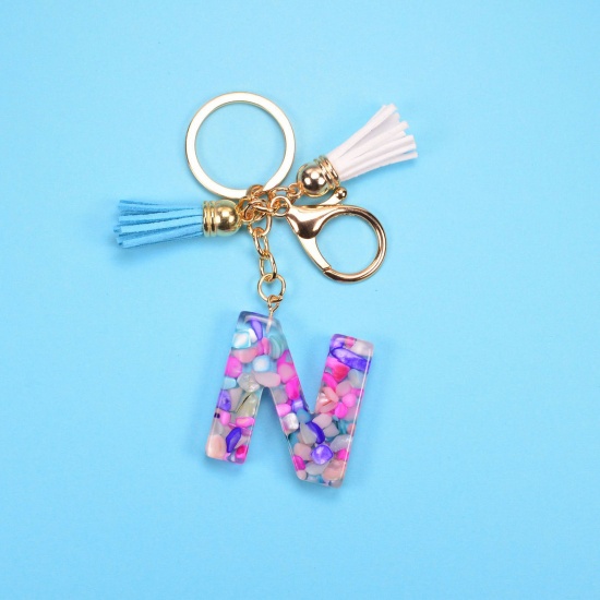 Picture of Resin Stylish Keychain & Keyring Gold Plated Pale Lilac Tassel Initial Alphabet/ Capital Letter Message " A-Z "