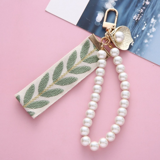 Bild von 1 Stück Pastoraler Stil Schlüsselkette & Schlüsselring Vergoldet Weiß & Grün Blätter Imitat Perle