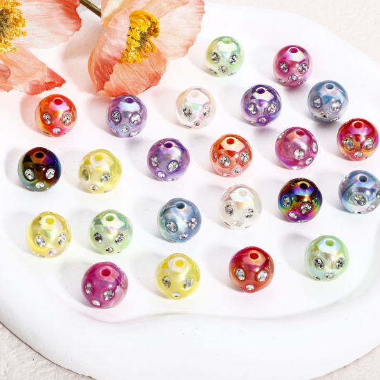 Picture of Acrylic Beads For DIY Charm Jewelry Making Multicolor AB Rainbow Color Round Clear Rhinestone About 16mm Dia.