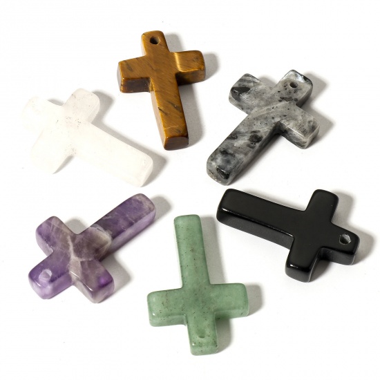 Picture of (Grade B) Gemstone ( Natural ) Charms Multicolor Cross 30mm x 20mm