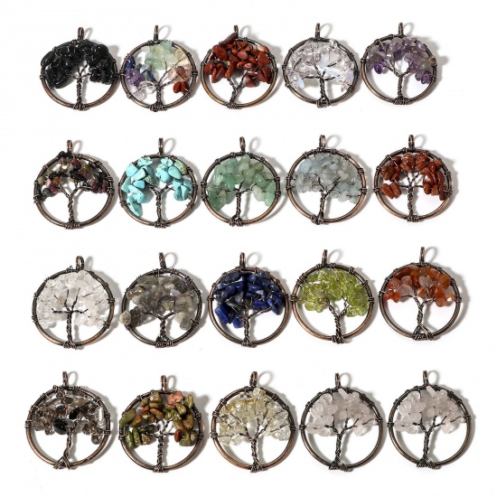 Picture of (Grade B) Gemstone ( Natural ) Wire Wrapped Pendants Antique Copper Round Tree of Life 3.4cm x 2.8cm