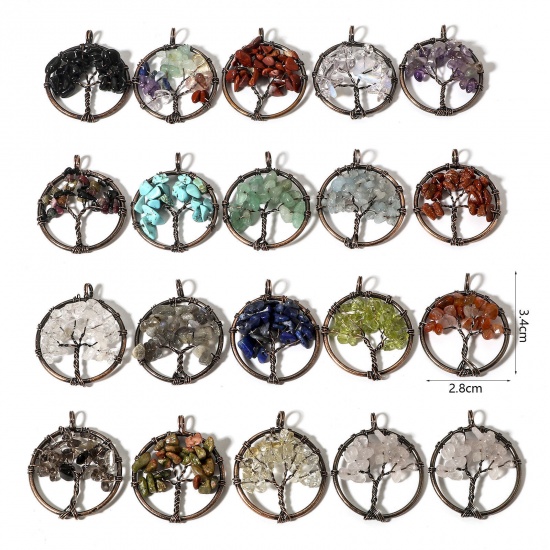 Picture of (Grade B) Gemstone ( Natural ) Wire Wrapped Pendants Antique Copper Round Tree of Life 3.4cm x 2.8cm