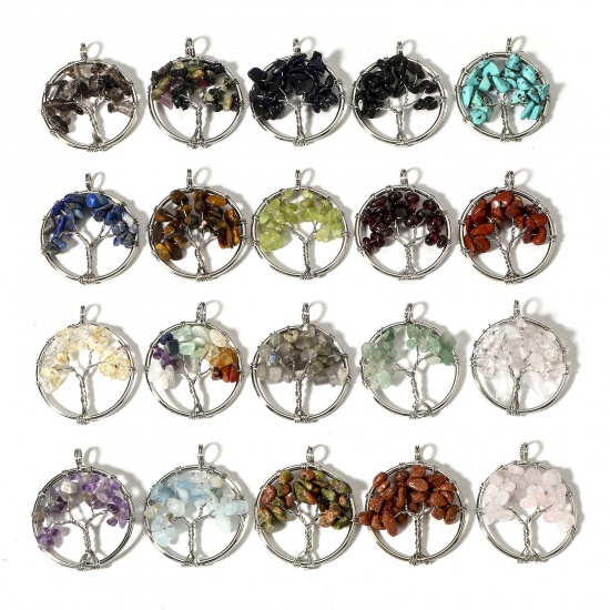 Picture of (Grade B) Gemstone ( Natural ) Wire Wrapped Pendants Silver Tone Round Tree of Life 3.4cm x 2.8cm