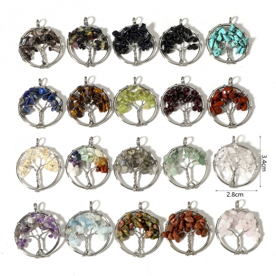 Picture of (Grade B) Gemstone ( Natural ) Wire Wrapped Pendants Silver Tone Round Tree of Life 3.4cm x 2.8cm