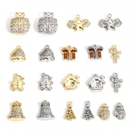 Brass Christmas Charms Real Gold Plated Clear Cubic Zirconia