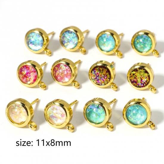 Picture of Copper & Opal ( Synthetic ) Ear Post Stud Earring With Loop Connector Accessories Gold Plated Round 11mm x 8mm, Post/ Wire Size: (20 gauge)