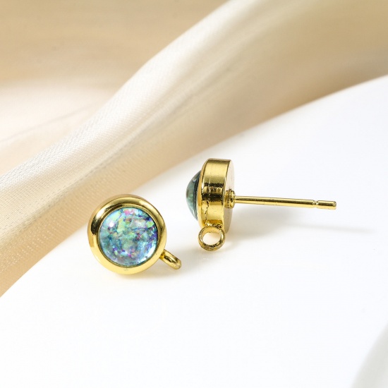 Picture of Copper & Opal ( Synthetic ) Ear Post Stud Earring With Loop Connector Accessories Gold Plated Round 11mm x 8mm, Post/ Wire Size: (20 gauge)