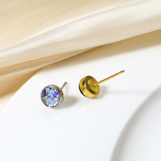 Image de 1 Paire Boucles d'Oreilles Puces en Cuivre & Opale ( Synthétique ) Multicolore Rond 7mm Dia, Epaisseur de Fil: (21 gauge)
