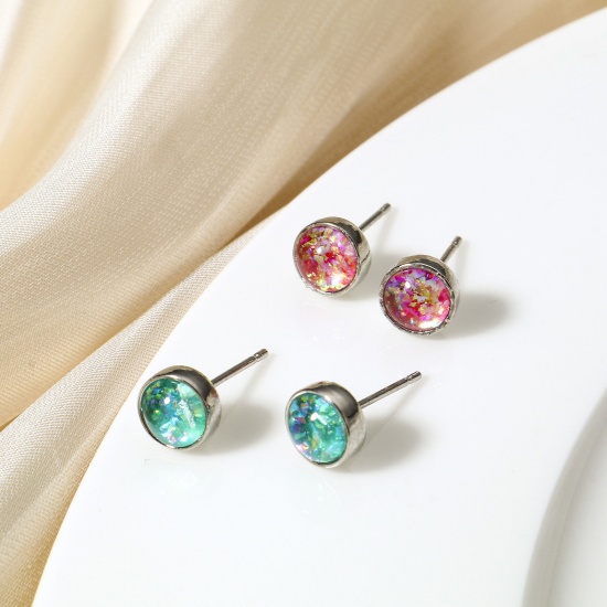 Picture of Copper & Opal ( Synthetic ) Ear Post Stud Earrings Multicolor Round 7mm Dia., Post/ Wire Size: (21 gauge)