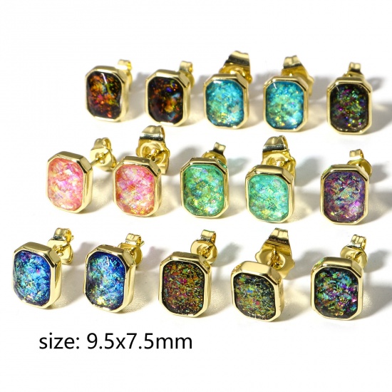 Picture of Copper & Opal ( Synthetic ) Ear Post Stud Earrings Gold Plated Octagon 9.5mm x 7.5mm, Post/ Wire Size: (21 gauge)