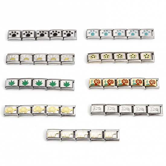 Picture of 304 Stainless Steel Italian Charm Links For DIY Bracelet Jewelry Making Silver Tone Multicolor Rectangle Enamel 10mm x 9mm