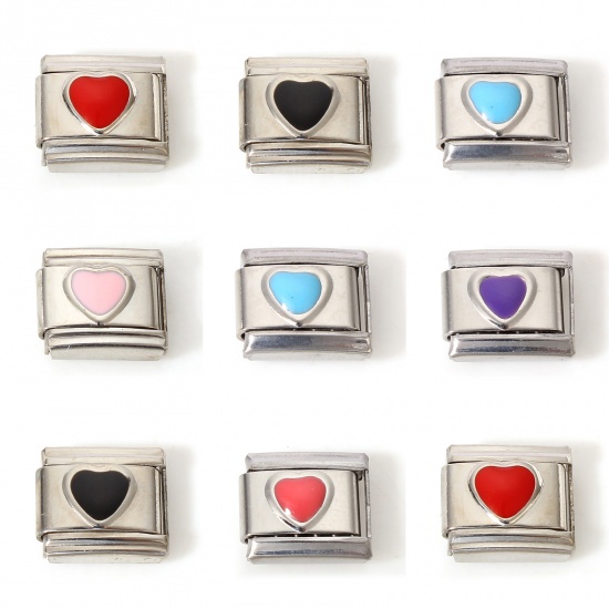 Picture of 304 Stainless Steel Italian Charm Links For DIY Bracelet Jewelry Making Silver Tone Multicolor Rectangle Heart Enamel 10mm x 9mm