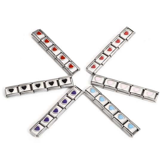 Picture of 304 Stainless Steel Italian Charm Links For DIY Bracelet Jewelry Making Silver Tone Multicolor Rectangle Heart Enamel 10mm x 9mm