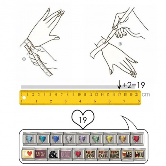 Picture of 304 Stainless Steel Italian Charm Links For DIY Bracelet Jewelry Making Silver Tone Multicolor Rectangle Heart Enamel 10mm x 9mm
