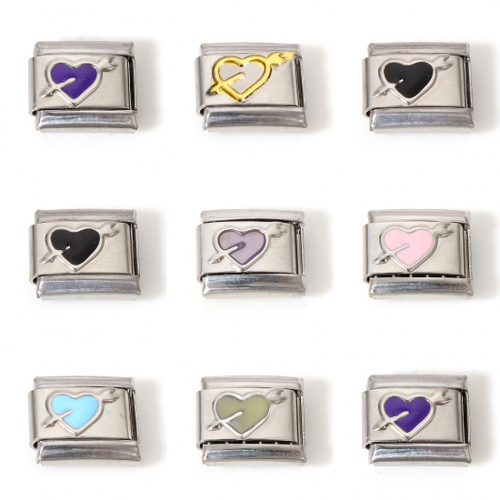 Picture of 304 Stainless Steel Italian Charm Links For DIY Bracelet Jewelry Making Silver Tone Multicolor Rectangle Arrow Through Heart Enamel 10mm x 9mm