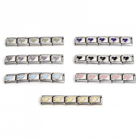 Picture of 304 Stainless Steel Italian Charm Links For DIY Bracelet Jewelry Making Silver Tone Multicolor Rectangle Arrow Through Heart Enamel 10mm x 9mm