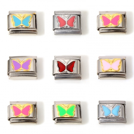 304 Stainless Steel Italian Charm Links For DIY Bracelet Jewelry Making Silver Tone Multicolor Rectangle Butterfly Enamel 10mm x 9mm