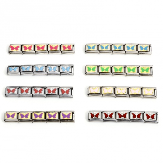 Picture of 304 Stainless Steel Italian Charm Links For DIY Bracelet Jewelry Making Silver Tone Multicolor Rectangle Butterfly Enamel 10mm x 9mm