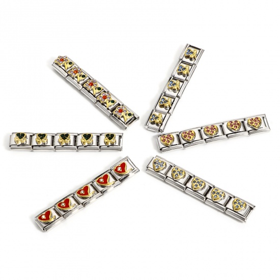 Immagine di 1 Pz 304 Acciaio Inossidabile Bracciale con Charm Italiano a Maglie, Creazione di Gioielli Fai-da-te Tono Argento Rettangolo Multicolore Strass 10mm x 9mm