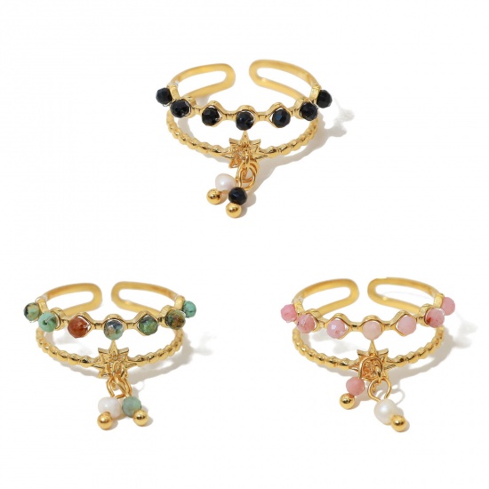 Imagen de 1 Unidad Enchapado al Vacío Ecológico Pastoral Natural Bohemia 18K Oro Real Chapado 304 Acero Inoxidable & Piedra Abierto Panícula Estrella Anillos Para Mujeres Fiesta