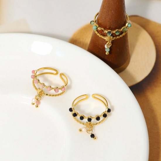 Imagen de 1 Unidad Enchapado al Vacío Ecológico Pastoral Natural Bohemia 18K Oro Real Chapado 304 Acero Inoxidable & Piedra Abierto Panícula Estrella Anillos Para Mujeres Fiesta