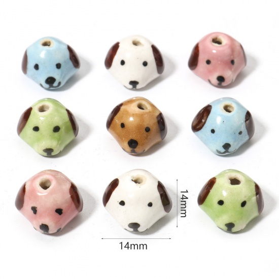 Immagine di 5 Pz Ceramica Diatanziale Perline per la Creazione di Gioielli con Ciondoli Fai-da-te Cane Multicolore Circa 3D Circa 14mm x 14mm, Foro: Circa 1.8mm