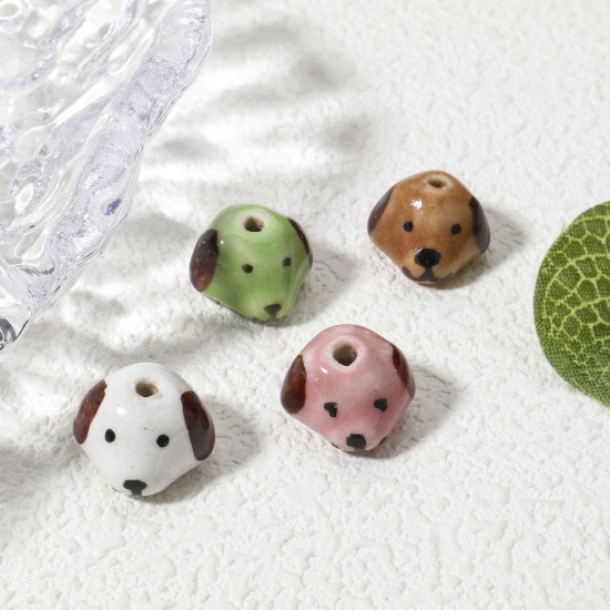Immagine di 5 Pz Ceramica Diatanziale Perline per la Creazione di Gioielli con Ciondoli Fai-da-te Cane Multicolore Circa 3D Circa 14mm x 14mm, Foro: Circa 1.8mm