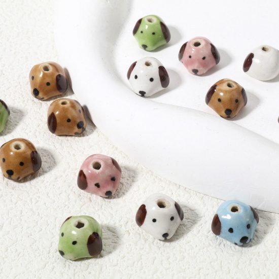 Picture of Ceramic Beads For DIY Charm Jewelry Making Dog Animal Multicolor 3D About 14mm x 14mm