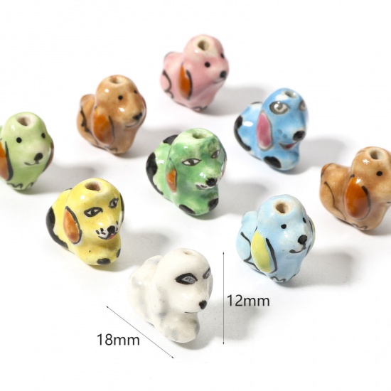 Immagine di 5 Pz Ceramica Diatanziale Perline per la Creazione di Gioielli con Ciondoli Fai-da-te Cane Multicolore Circa 3D Circa 18mm x 12mm, Foro: Circa 1.8mm