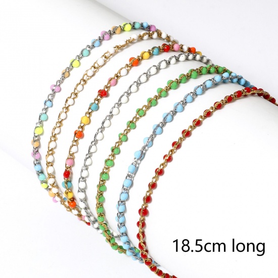 Picture of Eco-friendly Vacuum Plating 304 Stainless Steel Enamel Link Cable Chain Bracelets Gold Plated With Lobster Claw Clasp And Extender Chain 18.5cm(7 2/8") long